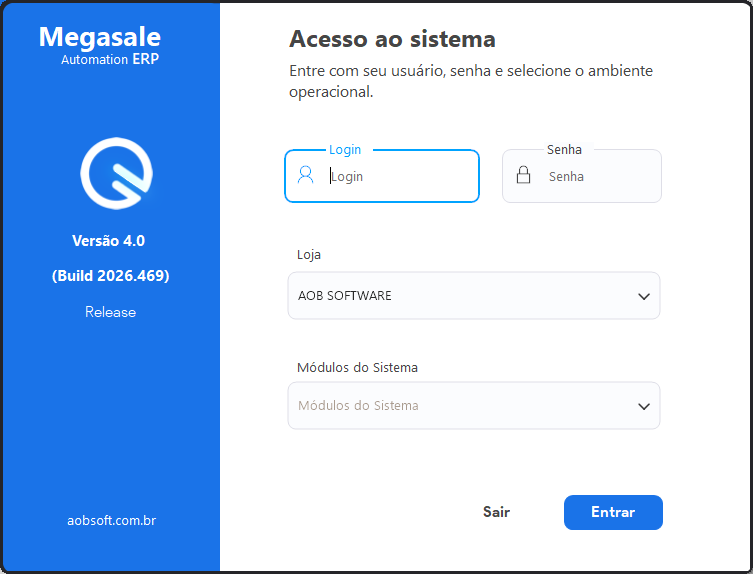 Tela de acesso do sistema MegaSale ERP