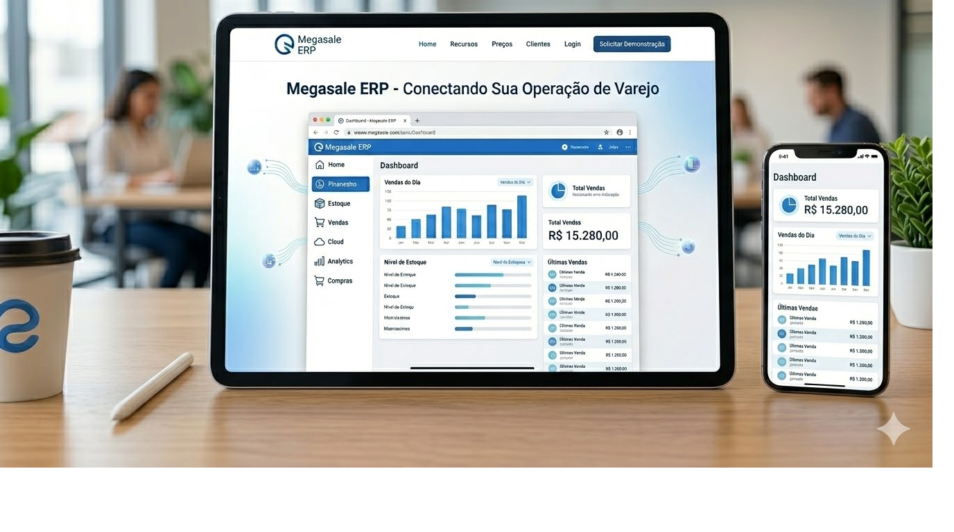 Visão do sistema MegaSale ERP em múltiplos dispositivos